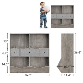 7-Cubby Large Kids Toy Storage Organizer, Children Wood Bookcase and Bookshelf, 3-Tier Toy Storage Cabinet with 3 Drawers for Hallway, Playroom, Living Room, School, 2 Set Gray