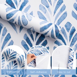 RUSPEPA Blue Leaf Peel and Stick Wallpaper, Watercolor Botanical Coastal Design, Self-Adhesive Waterproof Contact Paper for Accent Wall, Bedroom, Bathroom, Cabinet, Home Décor, 17.3 Inch x 6.5 Feet