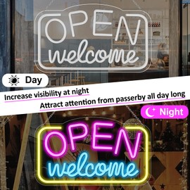 Open Signs for Business, 16"X 9" Bright LED Neon Open Sign Powered by USB with ON/OFF Switch, Adjustable Brightness Open Sign for Bars, Hotel, Stores, Coffee, Window, Wall, Party (Pink&Blue&Yellow)