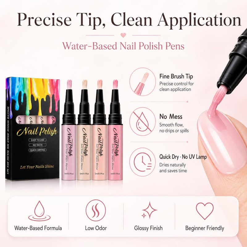 4PCS Water-Based Nail Polish Pen, ,Fast Drying Water Based No