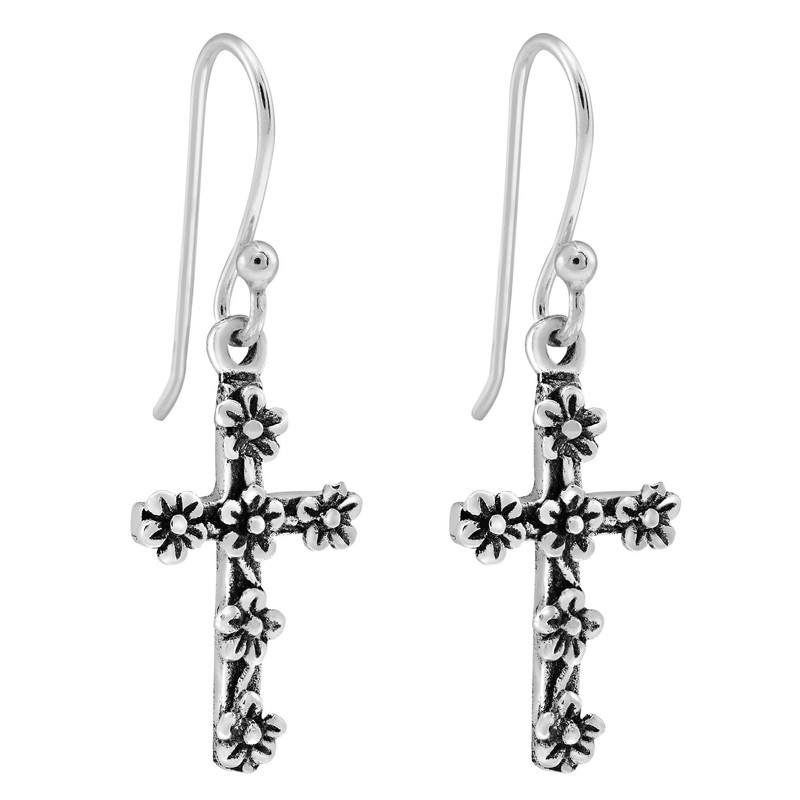 Pretty in Faith Floral Cross .925 Sterling Silver Dangle Earrings