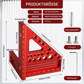 3D Miter Angle - Adjustable Angle 22.5-90° - High Precision Aluminum Alloy Wood Tool - 3 in 1 Function: Scribing/Drilling/Measuring - Suitable for Carpenters and Engineers (Red)