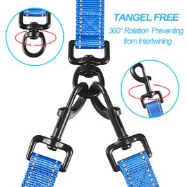 PetBonus Double Dog Leash, No Tangle Dual Leash, Reflective Walking Training Lead, 4 Comfortable Padded Handles for 2 Dogs with Collapsible Bowl and Waste Bags (Blue, Large)