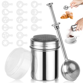 GAOHUI 2 Packs Sugar Shaker, 304 Stainless Steel Powdered Sugar Shaker Flour Duster Set, Spring Flour Sifter with 16Pcs Printing Molds Stencils for baking, Coffee, Sugar, Pepper, Flour