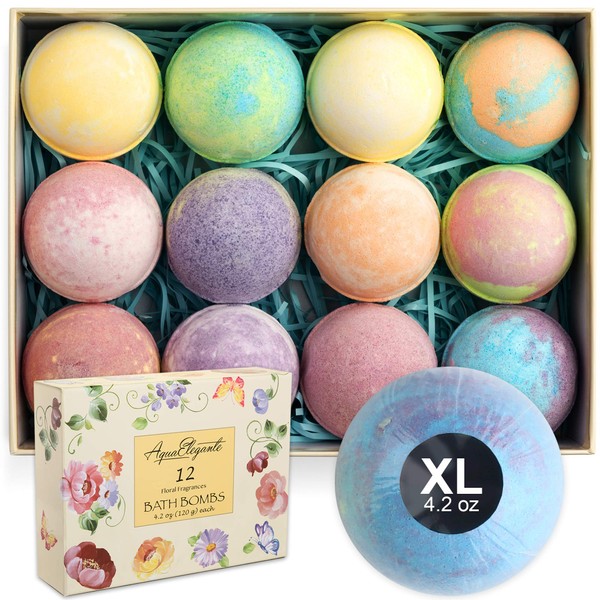 Flower Bath Bombs Gift Set - 12 Large Natural Bathbombs for Women with Scented Essential Oils and Moisturizing Shea Butter + Organic Coconut Oil for Fizzy Bubbles