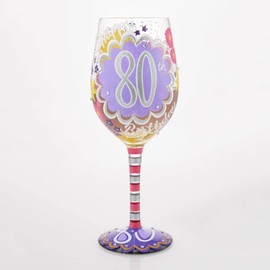 Enesco Lolita Happy 80th Birthday Hand-Painted Artisan Wine Glass, 15 Ounce, Multicolor