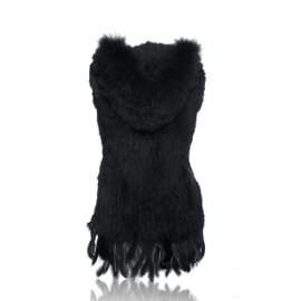 Genuine Rabbit Fur Coat for Women with Raccoon Fur Trim Collar, Hooded Fur Vest Womens Fur Vest, Soft and Comfortable
