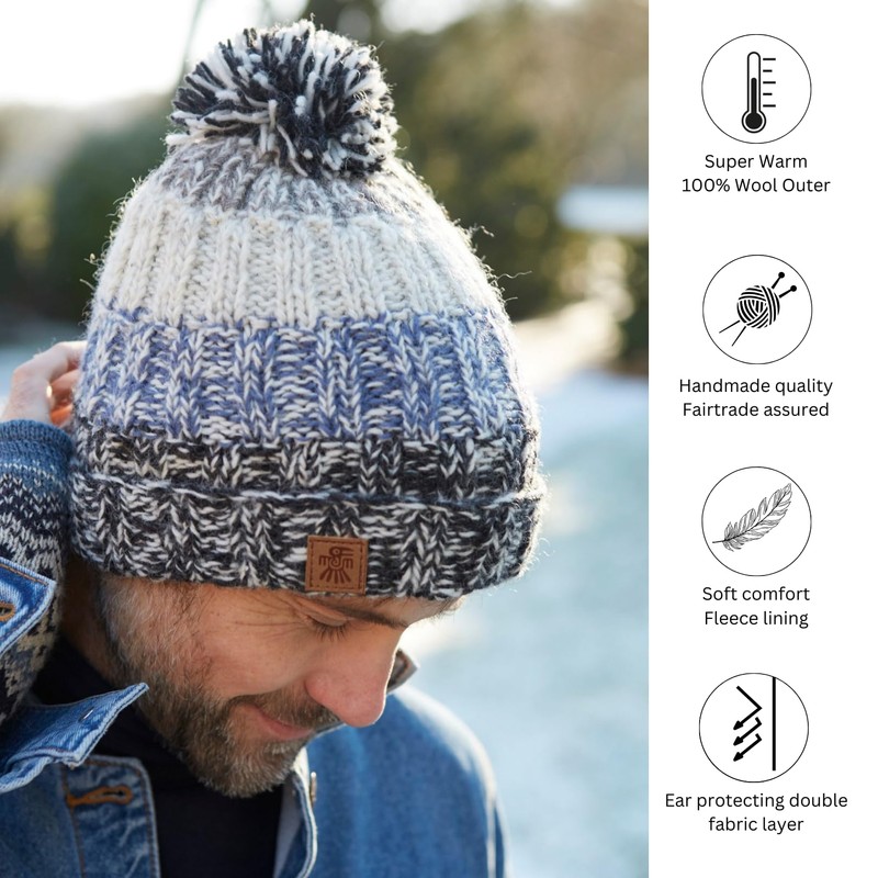 Pachamama Men Wool Beanie Bobble Hat Fleece Lined Handknitted Blue