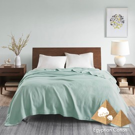 Madison Park 100% Egyptian Cotton Lightweight Summer Blanket, Breathable Waffle Knit Design, Soft Cozy All-Season Throw for Bed, Couch or Sofa, Seafoam Full/Queen Size (90"x90")