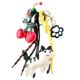 PickyPik Cute Leather Cats Bag Charms | Cherry Purse Charm Keychain for Women | Fashionable Handbag Accessories for Girls Cat Lovers | Birthday Christmas Valentine's Day Gifts (Leather,3D Cat Design)