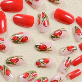 Valentine's Day Red Press on Nails Almond Glossy Full Cover Medium False Nails with Rose Designs Reusable Acrylic Flower Fake Nails with Glue Stick on Fingernails for Women Girls