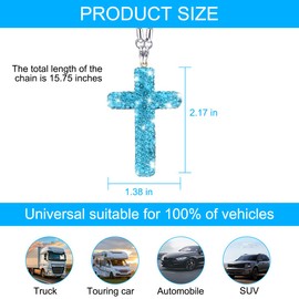HZEL Bling Car Hanging Ornament, Cross Crystal Rhinestone Vehicle Rear View Mirror Pendant, Diamond Religious Rearview Mirror Decoration Charm, Universal Automotive Interior Accessories (Blue)