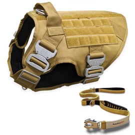 Pets ProMax Tactical Dog Harness with Tactical Dog Leash (2 in 1 Bundle); Military Style Tactical Dog Vest Harnesses Metal Buckle and Bungee Dog Leash with Car Seat Buckle - Brown (L)
