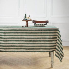Solino Home Linen Tablecloth – 100% Pure Stripe Linen Hunter Green and Natural Tablecloth 90" L x 60" W Inch – Farmhouse Washable Rectangle Tablecloth for Winter Decor – Sorrento Stripe