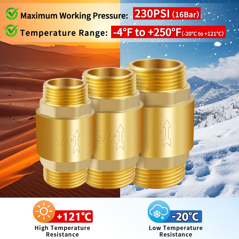 Boltigen 2Pcs 1/2in NPT Spring Check Valve, Brass Non Return