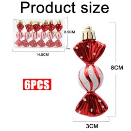 WGFD Pack of 6 Sweet Shaped Christmas Baubles 8cm - Shiny & Glitter Decorative Ornaments with Red Hanging String for Christmas Tree, Holiday Home, New Year Decoration - Festive and Elegant Baubles