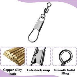 Natufish Fishing Snap Swivels & Barrel Swivels - 50 Pack 6# Stainless Steel Corrosion-Resistant Saltwater/Freshwater Swivel Clips with Safety Interlock & Ball Bearing for Fishing Lures, Leader Lines