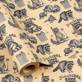 Kraft Funny Feral Raccoon Wrapping Paper Roll, Mini Roll, Black Cute Trash Friends Raccoon & Opossum Cartoon Design, Vintage Kraft Gift Wrap for Friends, Birthday, Party, 17 Inches x 16.4 Feet
