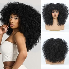 HILYBAE 16 Inch Curly Wig Afro Curly Wigs for Black Women Afro Kinky Curly Wig With Bangs Full and Fluffy Glueless Wig Synthetic Hair Replacement Wigs for Cosplay and Daily (Black)