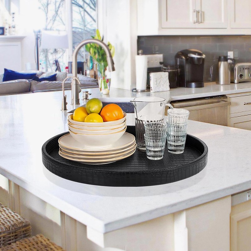 HofferRuffer Round Serving Tray 20'', Elegant Faux Leather Circle Ottoman