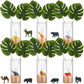 Teenyyou 31 Pcs Jungle Animal Party Decorations Set Includes 6 Glass Flower Vases 12 Safari Animals 12 Tropical Palm Leaves and Sands Table Centerpieces for Home Wedding Hawaiian Jungle Party Decor