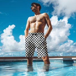 Black and White Checkerboard Mens Swim Trunks with Compression Liner Quick Dry Zipper Pocket Bathing Suit for Beach Summer Xx-Large