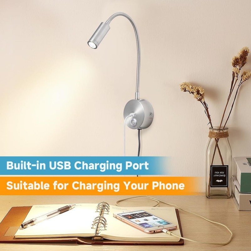 Dimmable Wall Mounted Reading Light with USB Charging Port, Plug-in