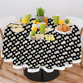 XIOBODR Round Tablecloth 60 Inch - Black Daisy Lace Round Table Cloth for 24 to 48 Inch Kitchen Dining Round Tables, Wipeable Fabric Non-Slip Table Cover for Indoor Outdoor Camping Decor