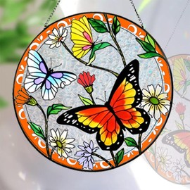 Butterfly Stained Glass Window Suncatcher Colorful Flying Butterflies Hanging Ornament Reinforced Glass Wall Decor Christmas Home Birthday Sun Catcher Gift for Grandma Butterfly Flowers Lover