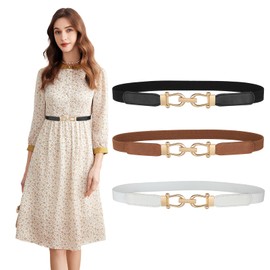 JASGOOD Women Skinny Elastic Stretch Belts for Dresses Retro Ladies Waist Gold Buckle Thin Belts 3 Pack, Brown+Black+White