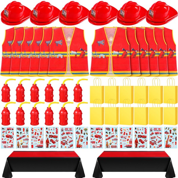 Funtery 64 Pcs Fireman Birthday Party Supplies Include 12 Firefighter Helmet 12 Vest 12 Fire Hydrant Cups with Lids 12 Party Favor Bags 12 Stickers 2 Tablecloths 2 Table Runners for Fire Theme Decors