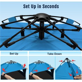 WhiteFang XL Pop Up Beach Tent Sun Shade Shelter for 3-4 Person with Blackout Shelter, UV Protection, Extendable Floor with 3 Ventilating Windows Plus Carrying Bag, Stakes, and Guy Lines (Solid Blue)