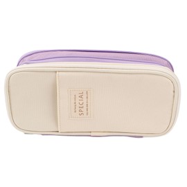 Large Pen Bag Simple Style Canvas Mesh Pockets Pen Slots Smoothing Zipper Large Pencil Case for School Office Travel Purple and Beige
