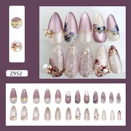 Flower Press on Nails Almond Medium Artificial Acrylic Fingernails 3D Pearl Bow and Floral Design Press Ons Glossy Stick on Nail Full Cover Glitter Powder Coffin False Nail Glue on Nails for Women