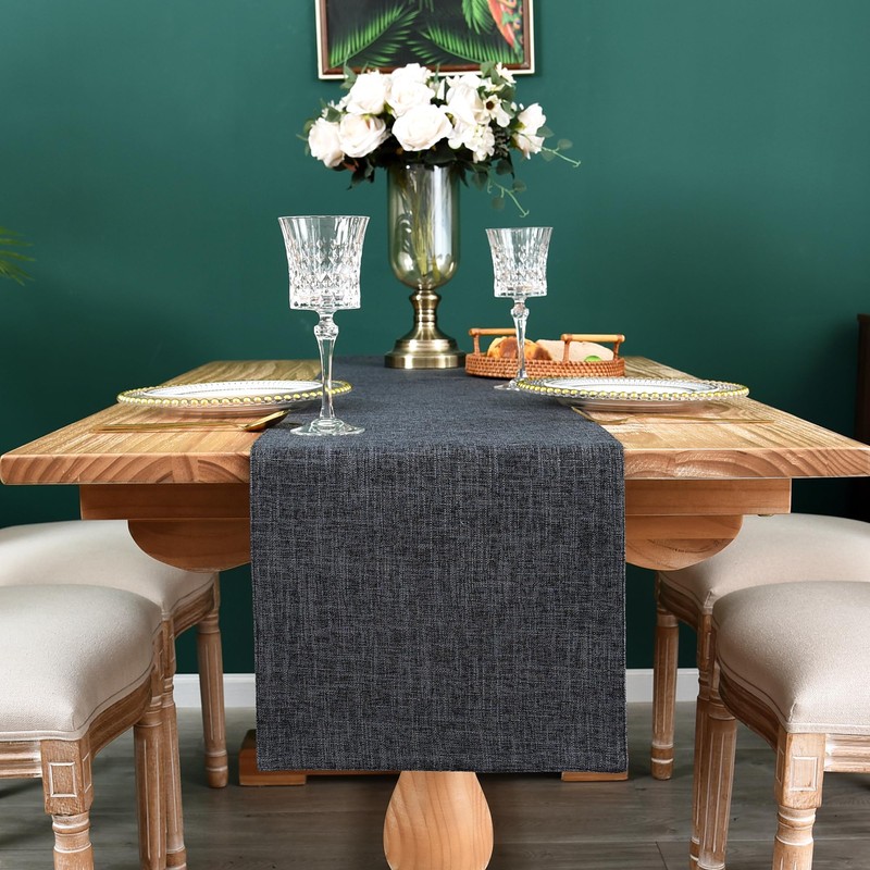 Reversible Double Layer Table Runner Faux Linen Fabric Charcoal Table