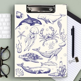 Ku-dayi Coastal Ocean Beach Clipboard Padfolio with Storage Pocket, Blue and White Sea Animals Jellyfish Whale Shark Sea Turtle Crab Low Profile Clip Boards for Nurse Office Classroom, 12.4 x 9.25 in