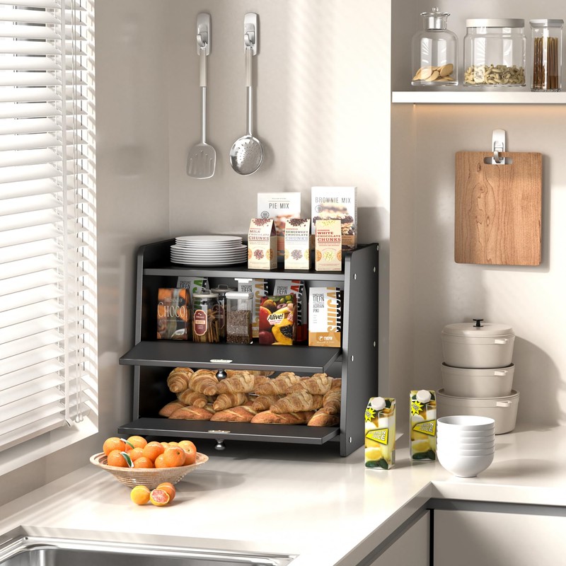TQQDCI Bread Box for Kitchen Countertop, Double Layer Wooden Breadbox,