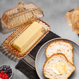 Crystal Butter Dish with Lid for Countertop,Vintage Container for Counter,Covered French Butter Tray,Butter Stick Tray Holder for Fridge,Keepers on Counter (Amber, 7 x 3.9 x 3.7 inch)