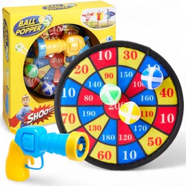 MIJOMA Ball Popper Set with Target - Ball Gun + 3 Softballs - Indoor & Outdoor Throwing Game for Kids - Colour Shipped at Random