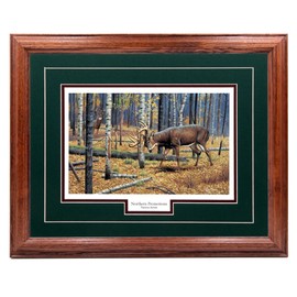 NorthernPromotionsLLC Deer Wall Art Hunting Decoration, Hardwood Picture Frame - Wildlife Print Painting Decor - Dark Oak Frame, Green Mat, Ready to Hang - Territorial Grounds Cynthie Fisher 17x21