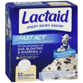 LACTAID Fast Act Lactase Enzyme Supplement Chewable Tablets Vanilla Twist 32 EA