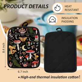 HUGANE Mushroom Oven Mitts Set, Vintage Mushroom Moth Botanical Floral Heat Resistant Kitchen Oven Gloves for Baking and Cooking,Pot Holders
