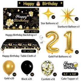 Miidenks 21st Birthday Decorations for Men, 21 Birthday Decorations Include Black and Gold Backdrop Banner, Tablecloth, Gold 21 Number Balloons, Explosion Star Balloons