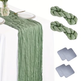 COWANIEE 2 Pcs Green Table Runner, Cheesecloth Table Runner Decorations (90x180cm)