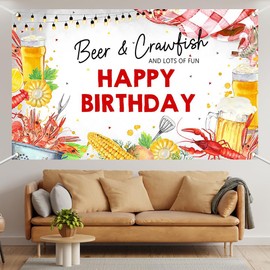 Lofaris Happy Birthday Beer and Crawfish Boil Birthday Baby Shower Party Banner Red Crawfish Backdrop Crayfish Seafood Shrimp Boil Party Supplies Background 70.8x43.3(inch)