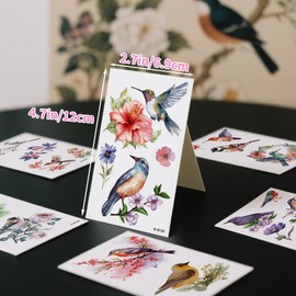JoyfulGlam 3D Hummingbird Temporary Tattoos Adult Watercolor Tiny Flower Fake Birds Temp Tattoos for Women Kids Waterproof Colorful Rainforest Bird Birthday Party Decorations for Girls Boys