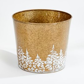 Worth Imports Gold Galvanized Metal Christmas Planter Bucket with Tree Design, 10.5" Height, 12" Diameter, Set of 2