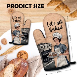ZHANTUONE Let's Get Baked Funny Heat Resistant Oven Mitts 2-Piece Set with Silicone Non-Slip, Vintage Lady Cooking Baking Gadgets, Gifts for Bake Lover Bakers Mom Wife Sister BFF