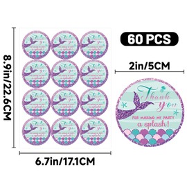 Mermaid Thank You Stickers - 2 Inch Mermaid Birthday Stickers 60Pcs Round Thank You for Making My Party A Splash Sticker for Envelope Seal Birthday, Baby Shower Party Favors