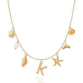 Initial Charm Necklaces for Women Girls 14K Gold Plated A-Z Letter Necklaces Shell Boho Summer Seashell Alphabet Choker Necklace Starfish Surfer Monogram Name Necklace Beach Jewelry Gifts (Gold-K)